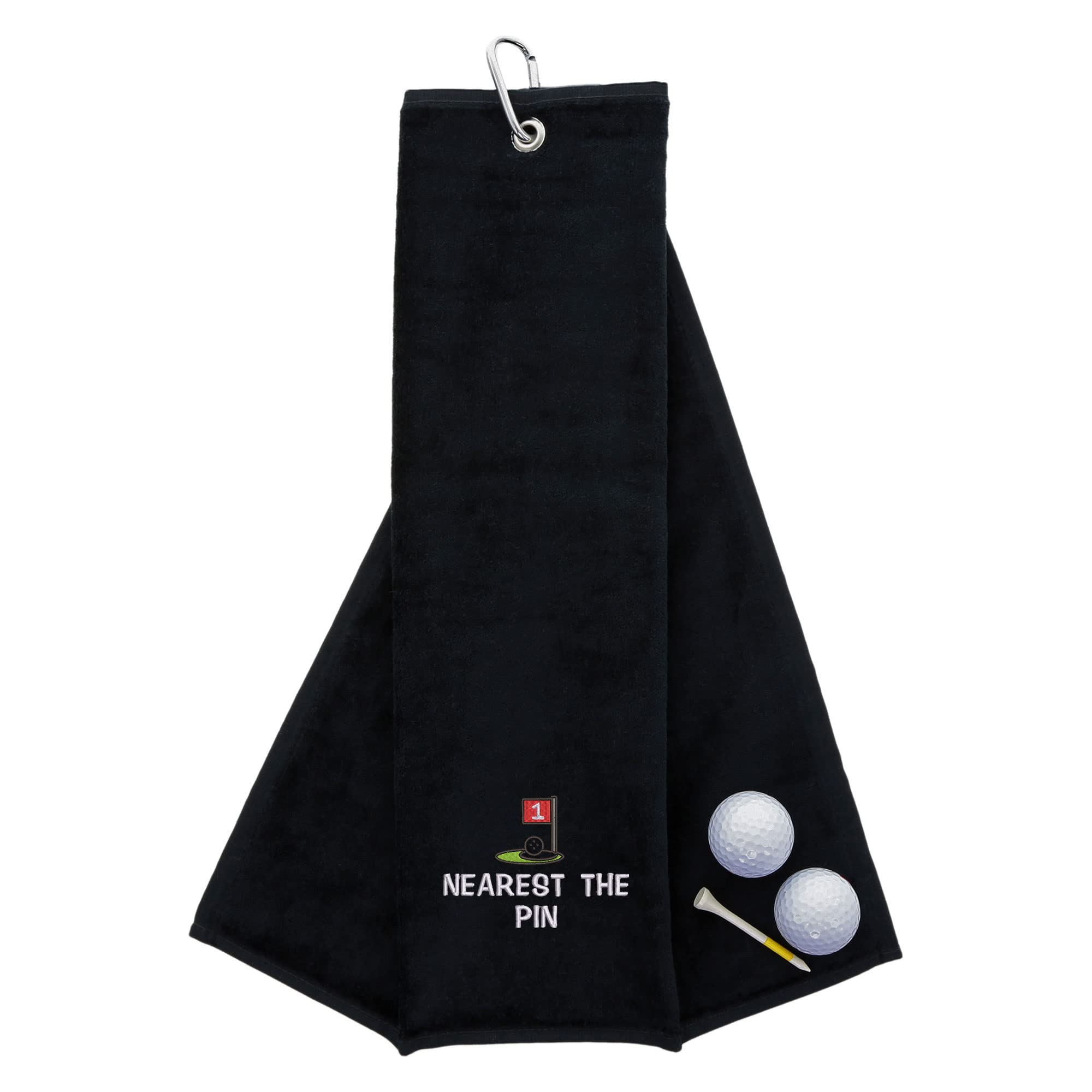 Aztex Men's Black Funny Trifold Golf Towel Golf Gift For Carabiner Clip For Golf Bags, Golf Present, Nearest The Pin,
