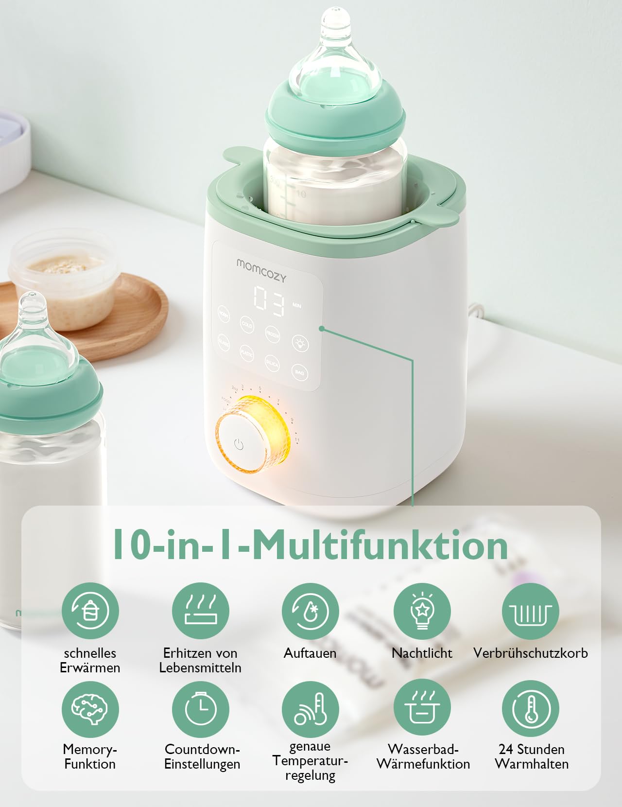 Momcozy Nutri-Flaschenwärmer Baby mit präziser Temperaturkontrolle & Nachtlicht & Elektrischer Dampfsterilisator & Trockner für Babyflaschen – Platzsparend, 6 Flaschen Kapazität