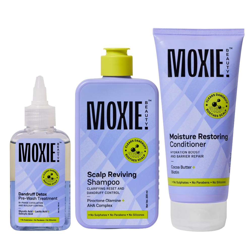 Moxie Beauty Scalp Essentials Trio | Dandruff Detox, Clarifying Cleanse & Hydration Boost | Glycolic, Lactic & Salicylic Acid + Piroctone Olamine + Cocoa Butter & Biotin | Clears Dandruff & Soothes Scalp | Paraben, Sulphate & Silicone-Free | Pre-Wash (100ml) + Shampoo (200ml) + Conditioner (175ml)-image-11
