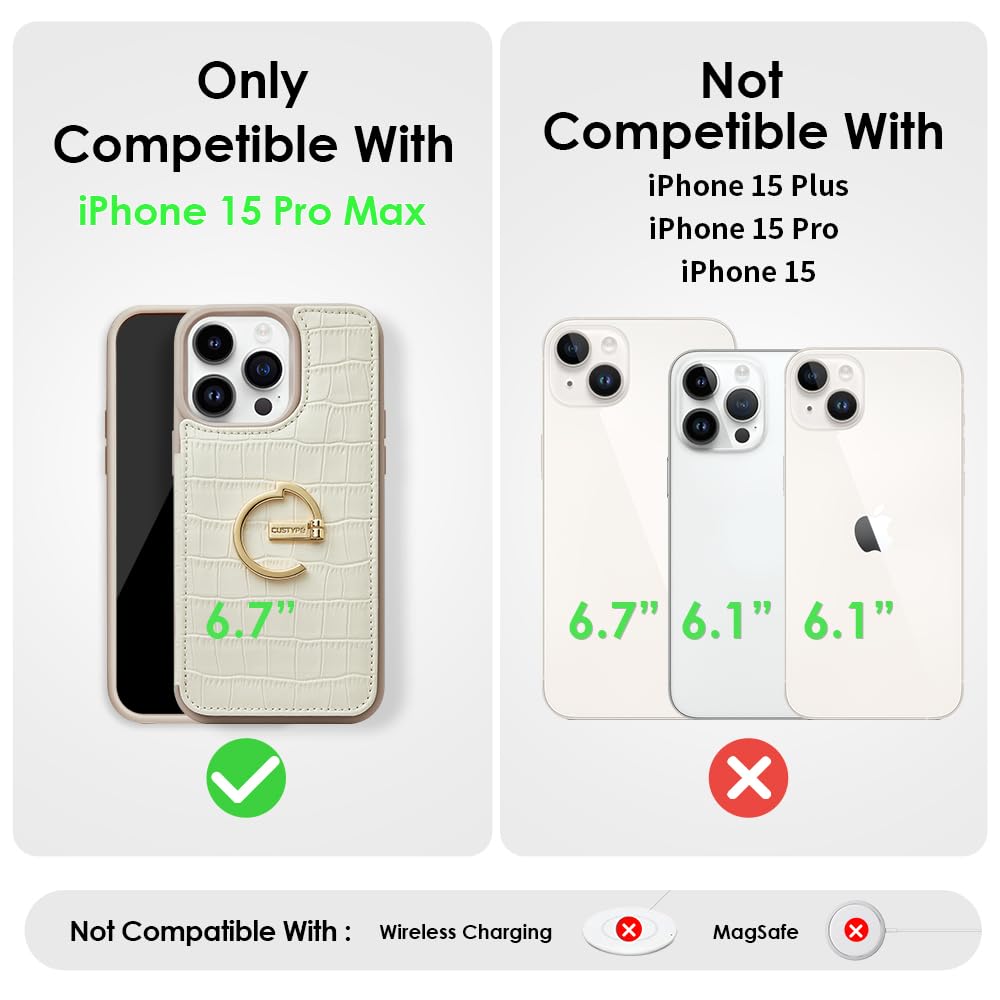 CUSTYPE Leather Wallet Case for iPhone 15 Pro Max - Card Holder with 180° Ring Kickstand, Card Slots - Protective Case for Men and Women Beige