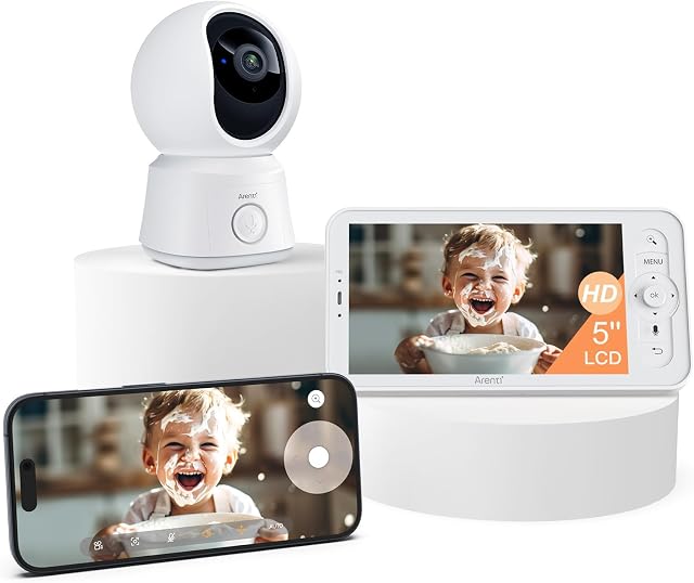 Arenti Moniteur bébé, intelligent WiFi 6 Caméra bébé avec 5-Inch Affichage sans fil amélioré, 360° Vue, vision nocturne automatique, capteur de température, son & Détection des mouvements, 2 C'est bien audio. VOX Mode (B2)