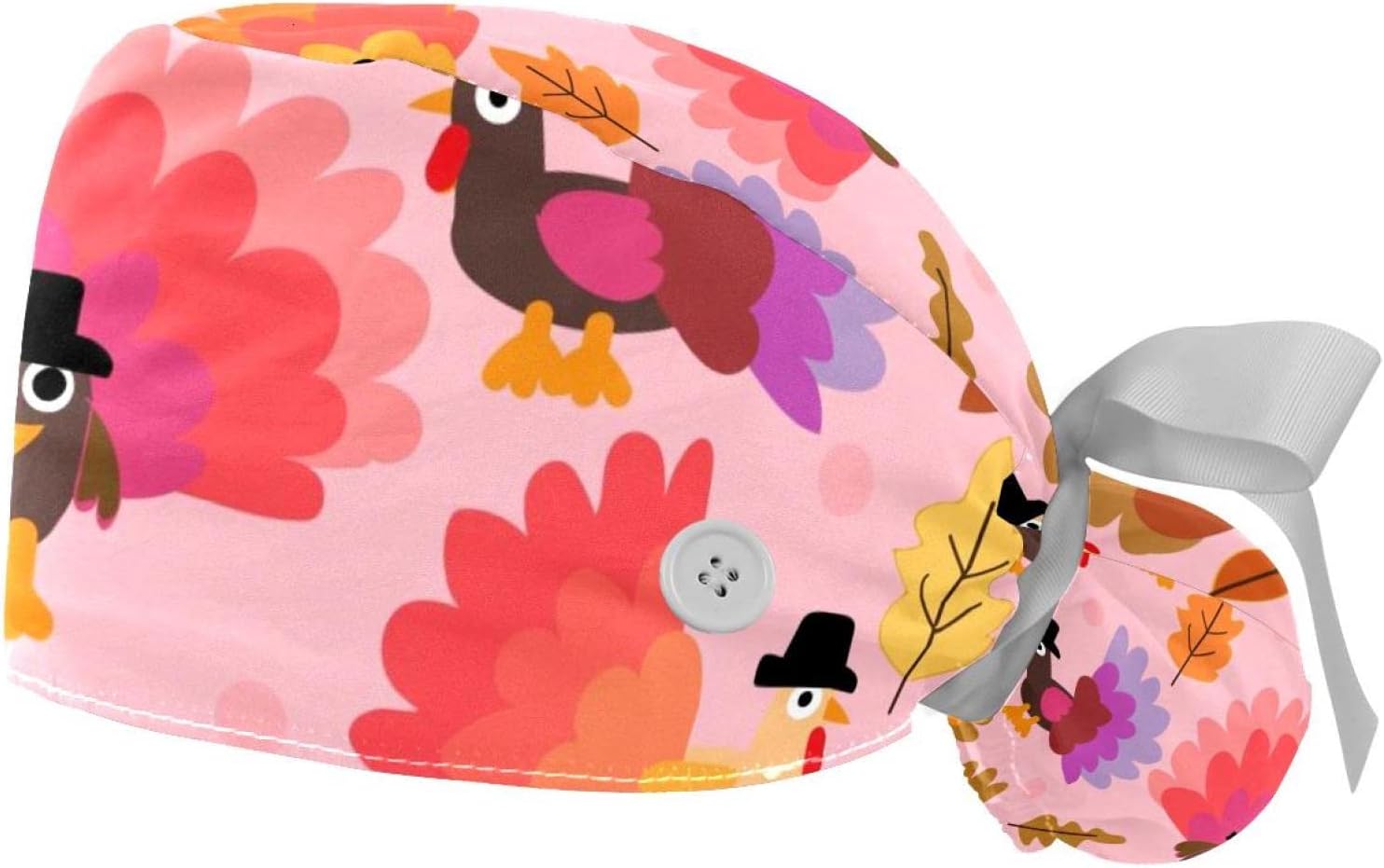 2 Pcs Nurse Scrub Caps Women Long Hair, Girl and Deer Christmas Pattern Adjustable Working Cap with Button and Sweatband