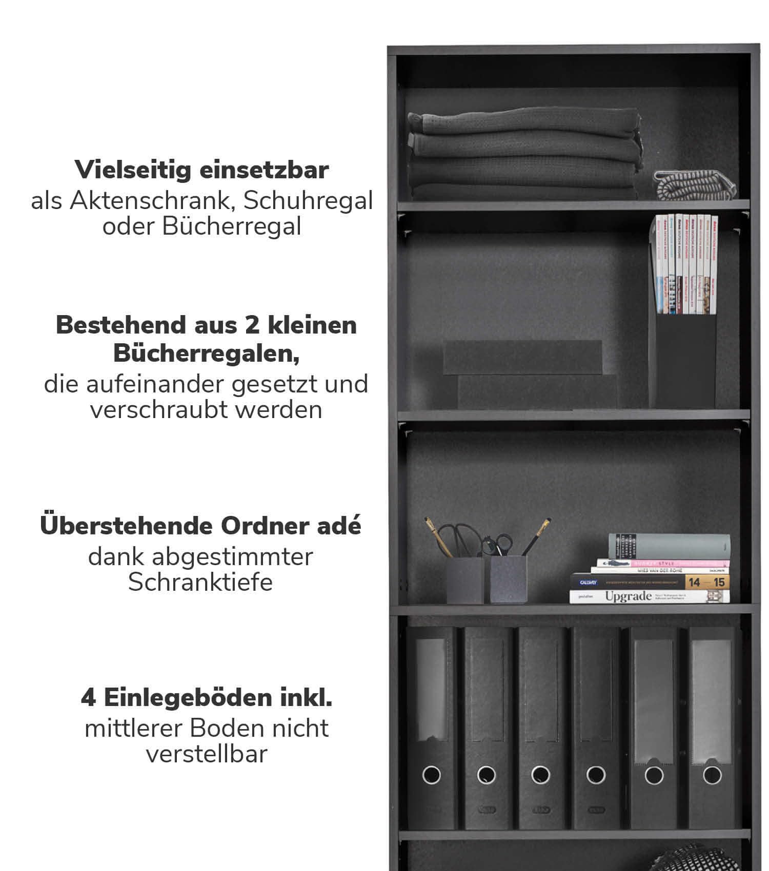 mokebo® Bücherregal Schwarz, Grau BZW. Anthrazit aus Holz 'Der Bücherwurm', Schuhregal, Holzregal, Aktenregal, Standregal fürs Wohnzimmer, Büro, Kinderzimmer, Regal groß für die Wand, 60cm Breite