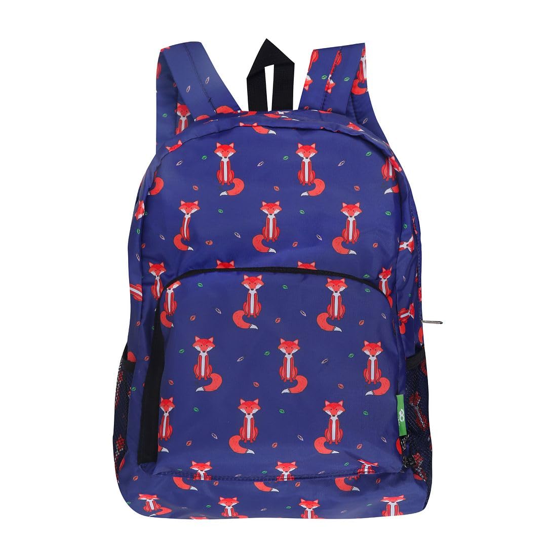 ECO CHIC Lightweight Foldable Water Resistant Backpack Rucksack Folds into Pouch for Storage (Foxes Navy)