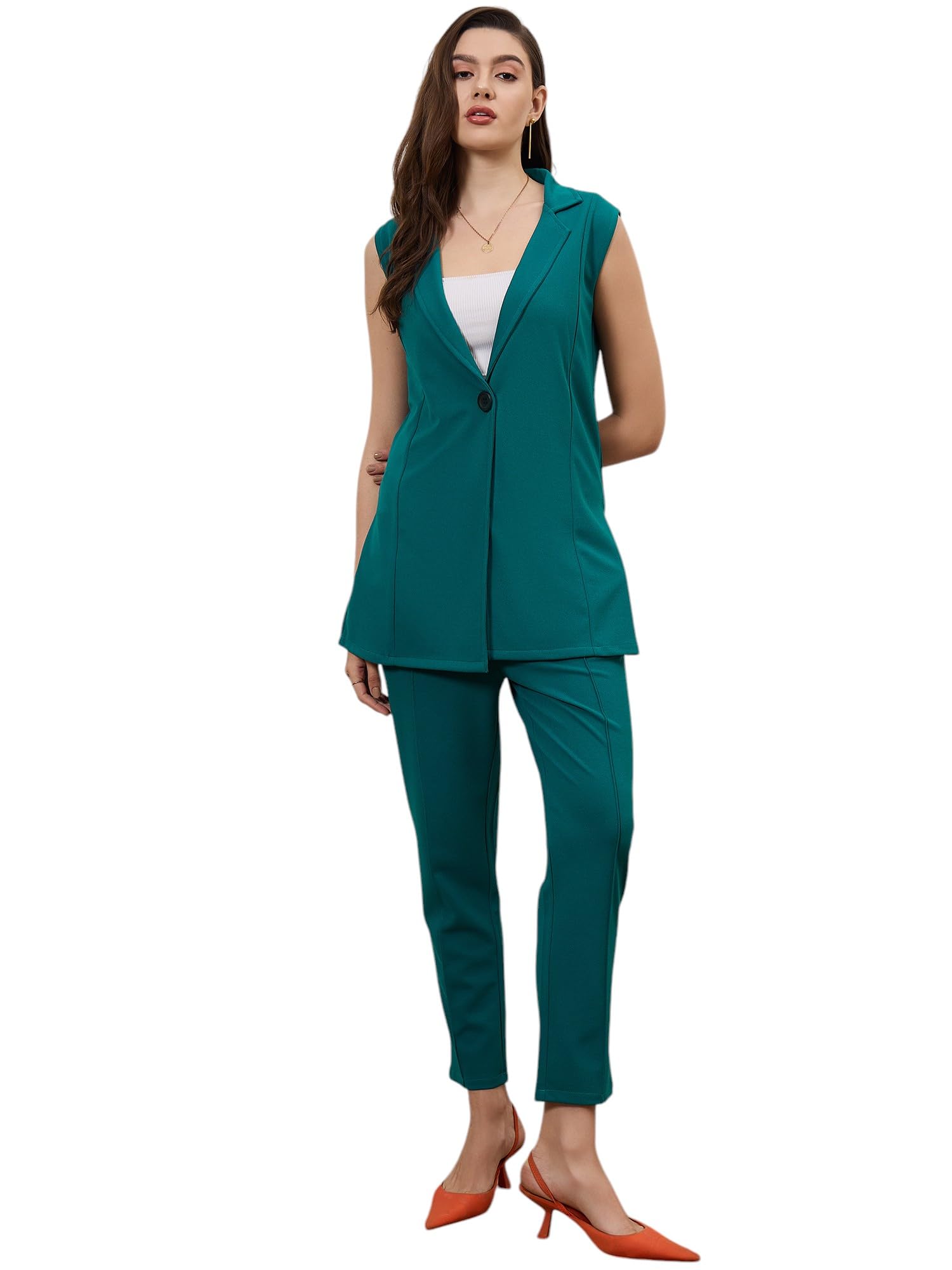 athena lifestyle Women and Girls solid longline sleeveless blazer with slim-fit trouser-picture-19