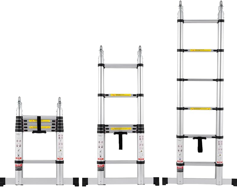 12.5FT Aluminum Telescoping A-Shape Extension Ladder, 375 LBS Capacity Lightweight, Multi-Button Retraction Collapsible Multi-Purpose Ladder with Stabilizer Bar for RV & Camper