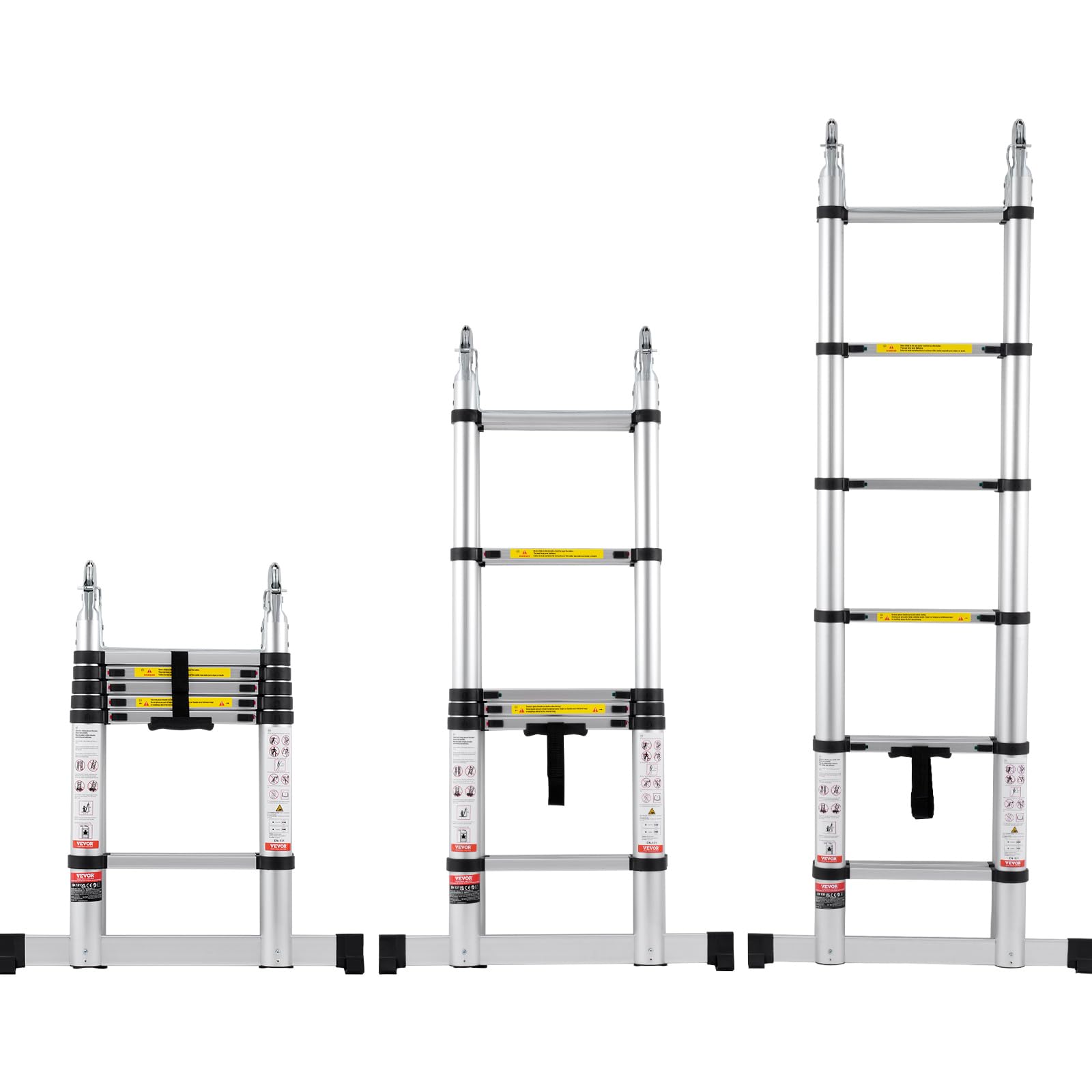 VEVOR Drabina teleskopowa, 1,85-3,79 m, aluminiowa drabina wysuwana w kształcie litery A, lekka, składana drabina z wielokrotnym wcięciem, nośność 170 kg z drążkiem stabilizującym, wielofunkcyjna