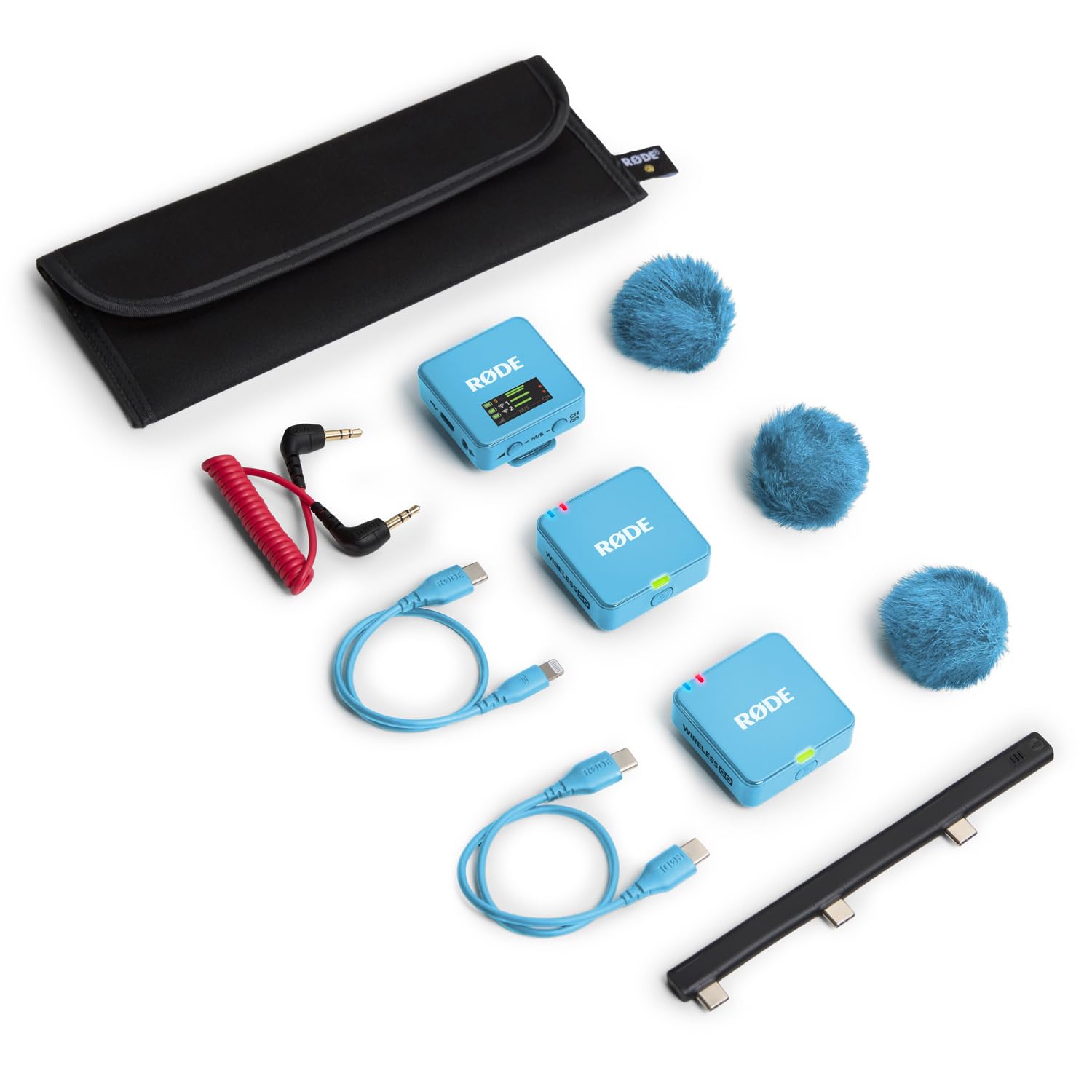 Rode Wireless GO Gen 3 bezprzewodowy 2-kanałowy system radiowy mikrofonowy niebieski z interview GO adapter ręczny, niebieski i keepdrum, futrzana ochrona przed wiatrem