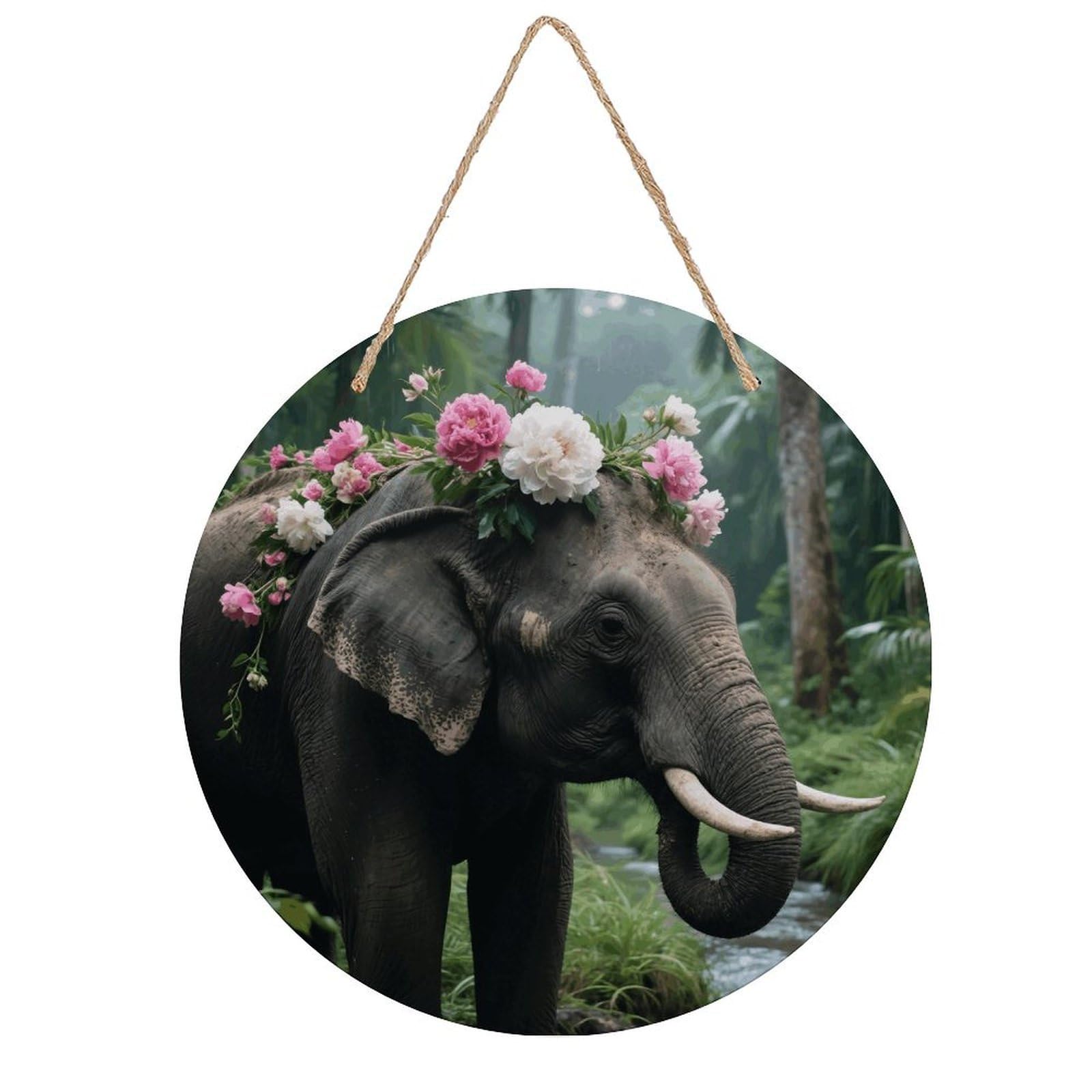 VstaDank Flower Elephant Wall Decor Round Wood Hanging Sign 7.9x7.9 in Wooden Circle Door Hanger with Ropes, Rustic Wall Art Decor for Home Front Door Indoor Outdoor Decoration
