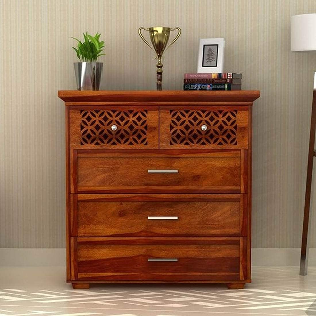HARISHU HANDICRAFT Wooden Sideboard Cabinet | Chest of Drawers for Living Room | Dresser 5 Drawer Cabinet Kitchen Cabinet | Free Standing Movable Tv Unit Side Board Table in Honey Finish-image-27