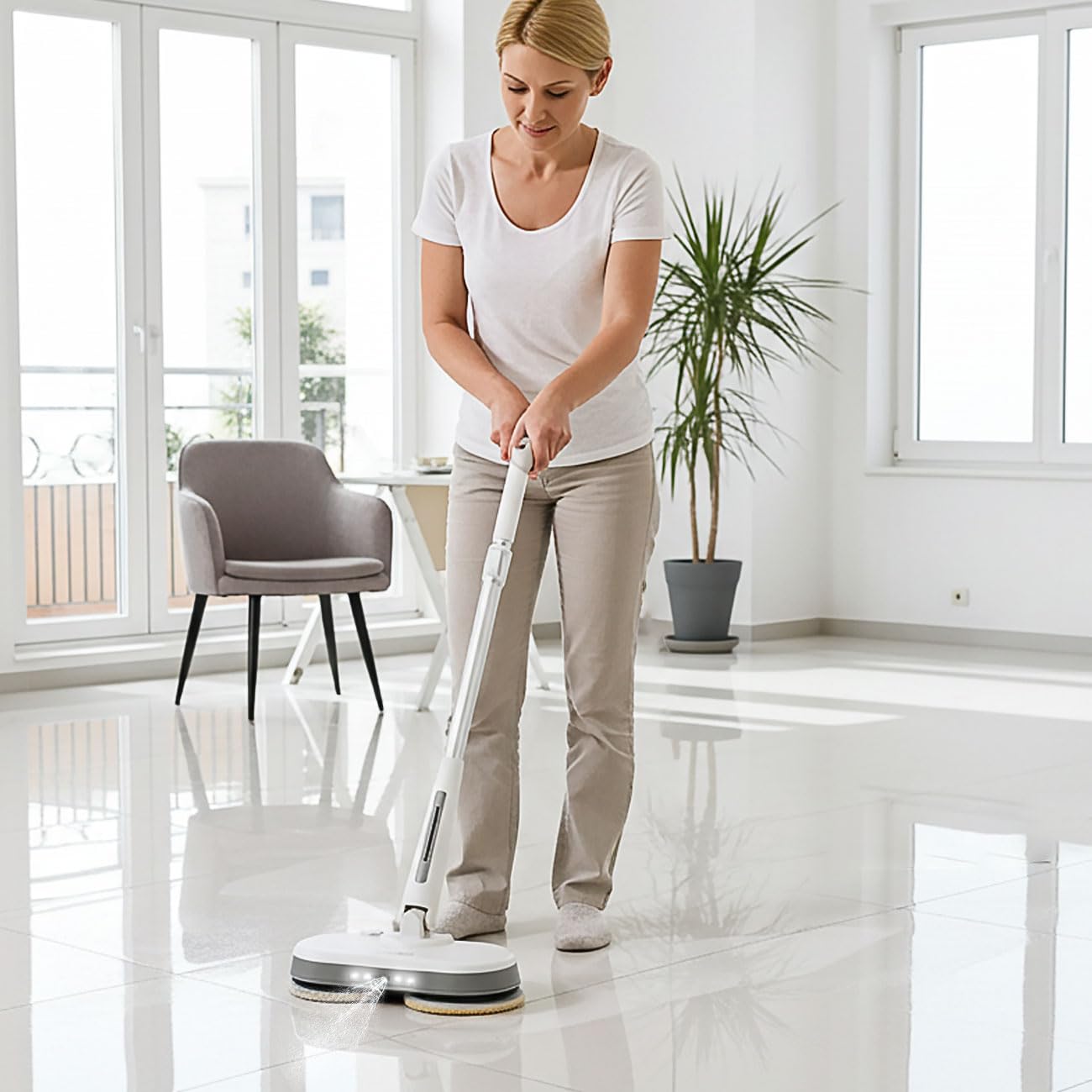 ideoon Pulidora inalámbrica para suelos con depósito de agua: 30 W de potencia y 40 minutos de tiempo de funcionamiento, barra telescópica, mopa para grandes superficies, azulejos, laminados