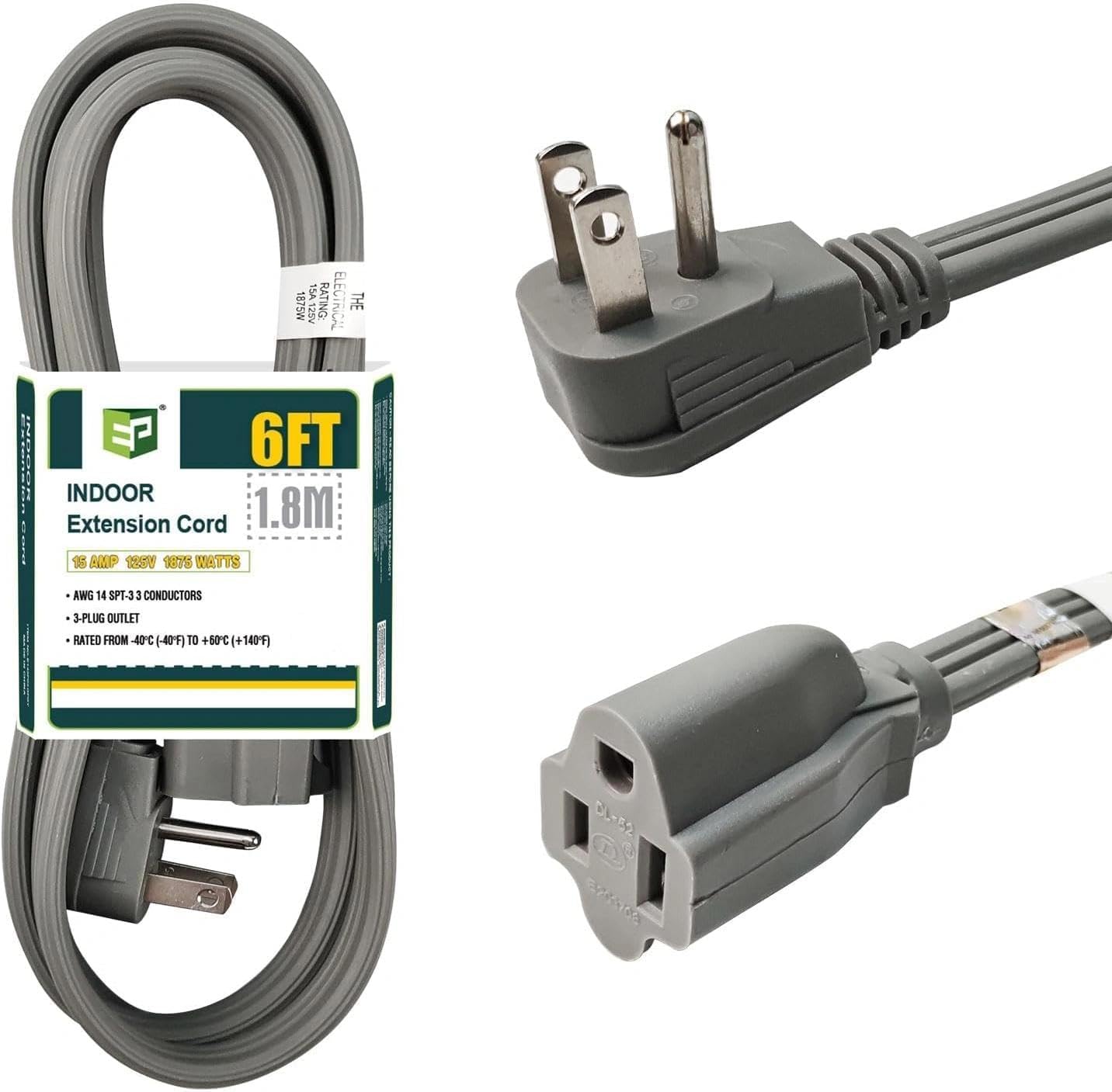 EP 6 Ft Heavy Duty Appliance Extension Cord, 14 AWG 3-Prong Flat Plug，Gray | 14 Gauge, 3 Prong Grounded, For Air Conditioners, Refrigerators, Microwaves, Washing Machines, Indoor Use