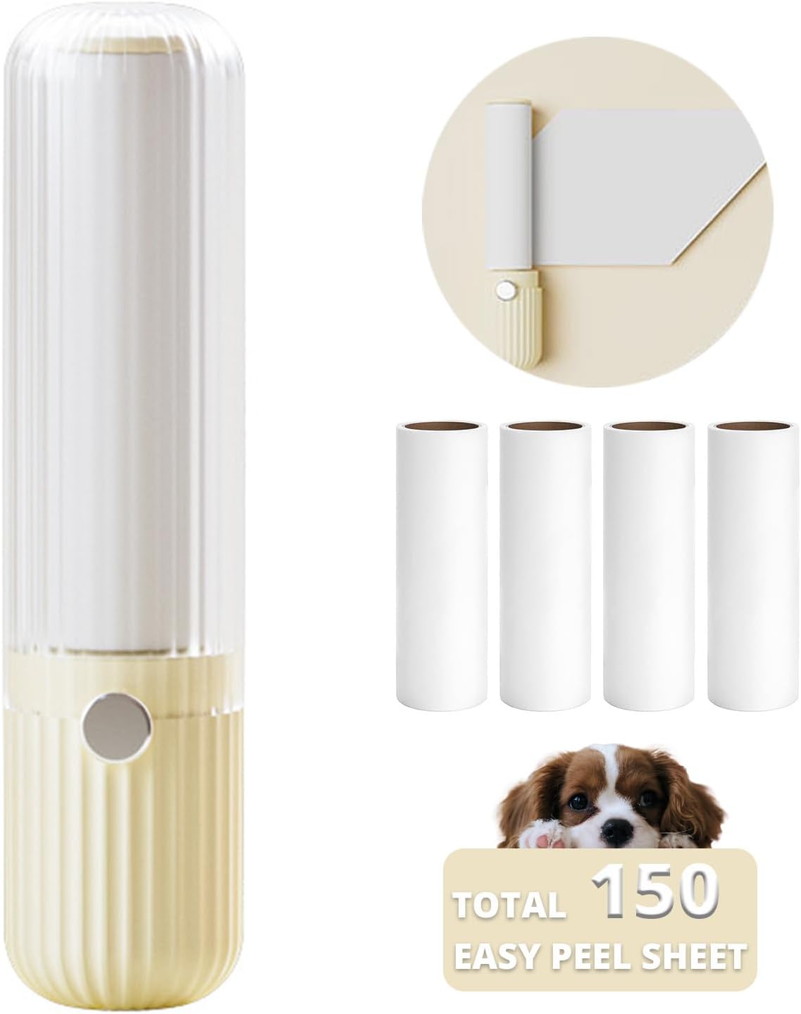 Sgdazo Compact Lint Roller with 150 Sheets - Portable Pet Hair Remover for Clothes, Furniture, and Travel Household Use, 1 Handle+5 Roller Refills (Yellow)