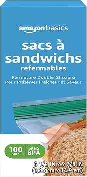 Amazon Basics Reclosable Double Zipper Sandwich Storage Bags for Food Storage, BPA Free, 100 Count