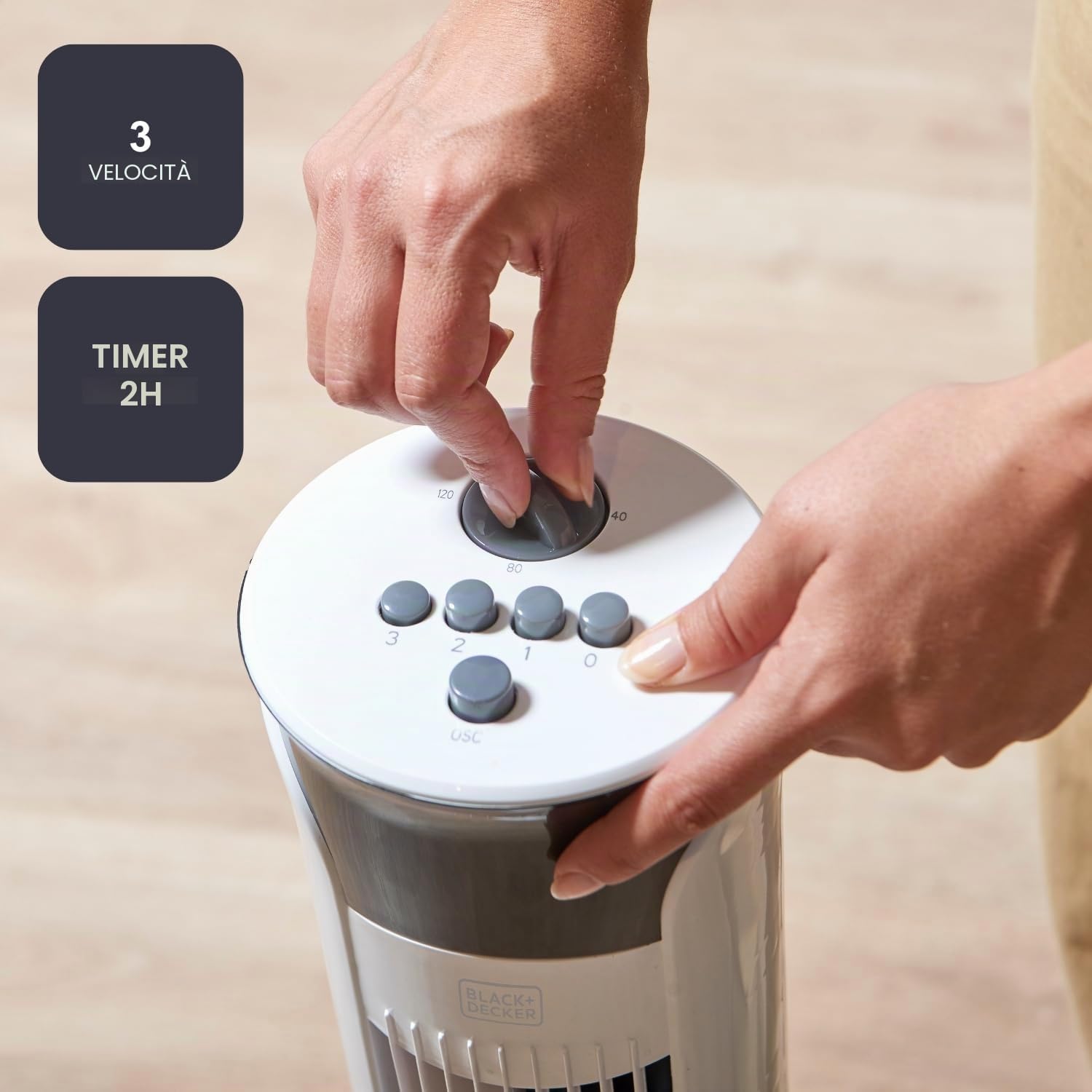BLACK+DECKER - Ventilatore a torre 45W BXEFT47E | 81 cm | Oscillante e silenzioso | 3 velocità | Timer 2h | Base antiscivolo | Maniglia | Flusso d'aria potente | Bianco