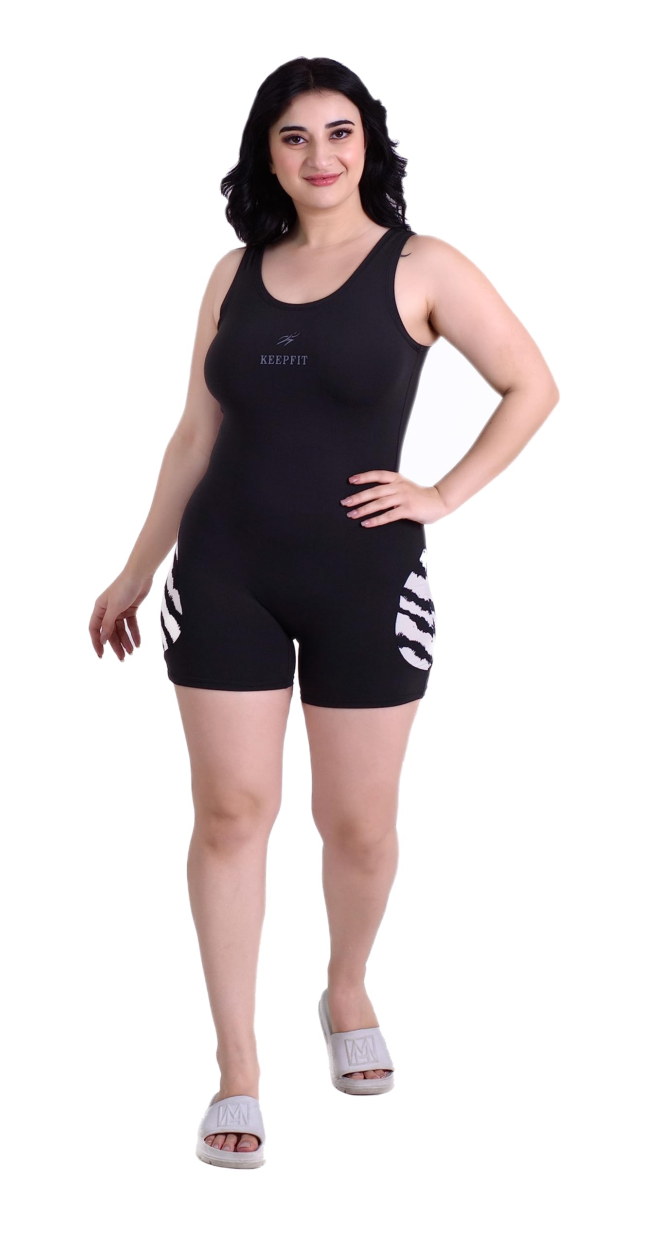 keepfit Women Black and White colourblocked Legsuit Black 4XL |Swimming Suit for Women-picture-29