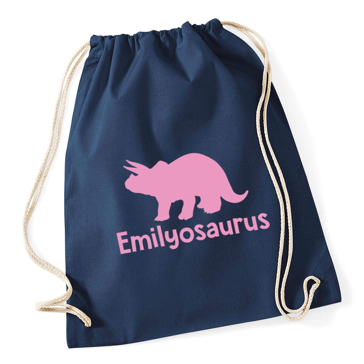 Hippowarehouse PERSONALISED your name osaurus Triceratops dinosaur pink Drawstring Cotton School Gym Bag 37cm x 46cm, 12 litres