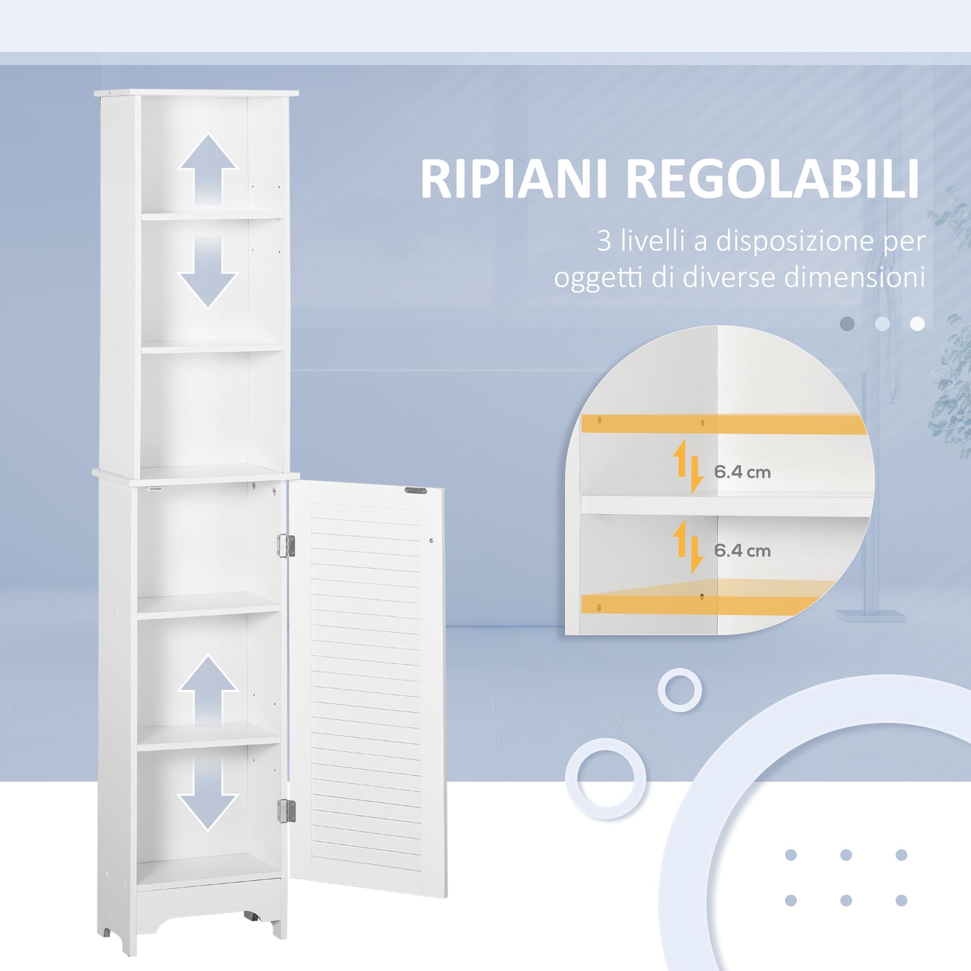 HOMCOM Colonna Bagno con Ripiano a 3 Livelli e Armadietto Chiuso, Mobile Bagno Salvaspazio, 34x20x165 cm, Bianco