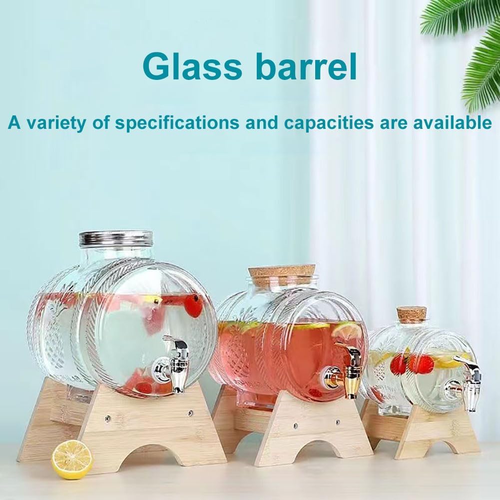 Dispensador de bebidas de vidrio 1L/3L/5L Dispensadores de bebidas heladas con grifo y soporte de madera, dispensador de bebidas Dispensador de bebidas frías para barbacoa, picnic, fiesta en la piscin
