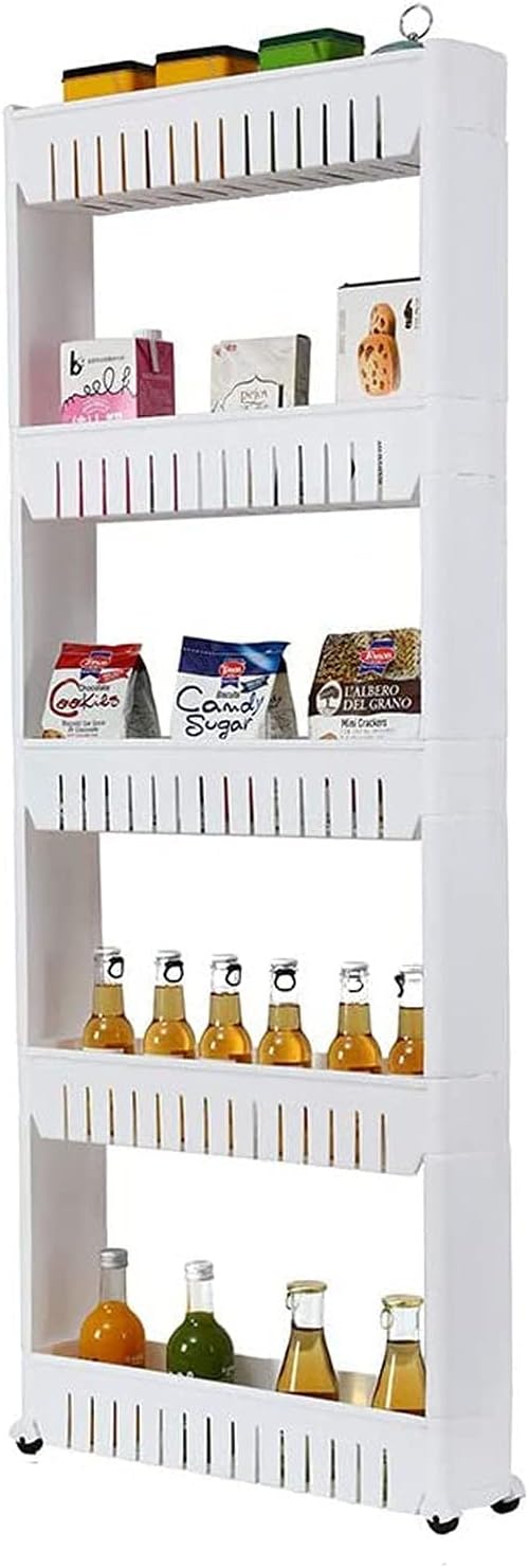 5 Tier Slim Slide Out Kitchen Trolley, Storage Shelf, Moving Wall Cabinets Tower Holder Rack on Wheels, Rolling Storage Unit Cart for Kitchen, Bathroom, Laundry