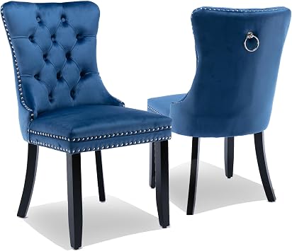Upholstered Navy Blue Armless Dining Chairs Set of 2, Mid Century Modern Velvet Dining Room Kitchen Side Chair with Wood Legs and Retro Rivet Trims for Home Kitchen Restaurant Navy Blue