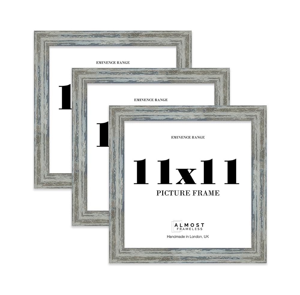 11x11" Distressed Blue Picture Frame - Rustic Wood Industrial Effect Photo Frame for Wall Display, Ideal for Posters, Prints & Home Décor, Wall Hooks and Kickstand, 32mm Edge - 3 Pack