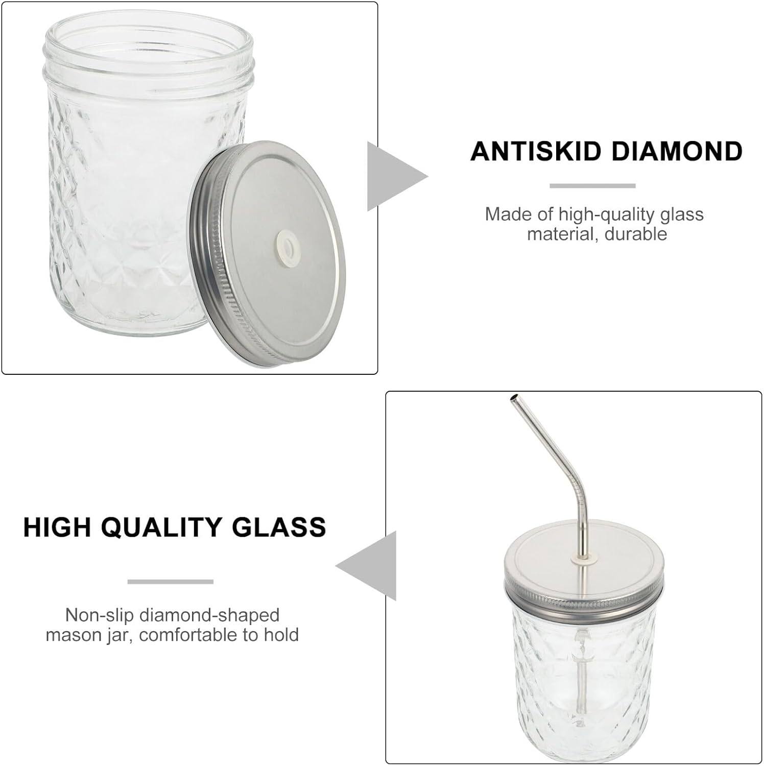VALICLUD 500ml Glass Drinking Jars with Straw Set of 4, Diamond Pattern Mason Jars for Juice Milk Hot Drinks, Multifunctional Reusable Containers for Kitchen and Dining