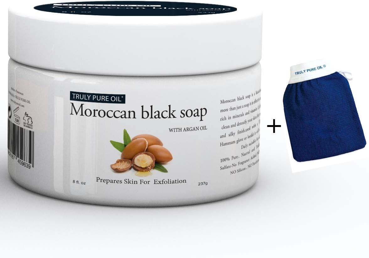 2 in 1 Pack Truly Pure Oil Moroccan Black Soap with Argan oil + Free Kessa Glove - African Soap Prepare skin for removing dead skin and impurities- deep cleansing and soft skin 8oz (237g)