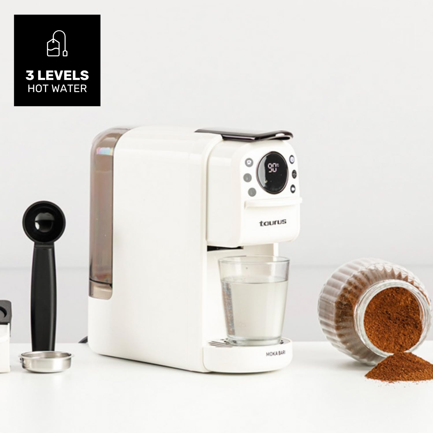 Taurus Moka Bari ekspres do espresso, kawa mielona i kapsułki Nespresso, Dolce Gusto i ESE Pod | 20 barów | 3 poziomy temperatury | zbiornik 700 ml | automatyczne zatrzymanie | cyfrowy wyświetlacz