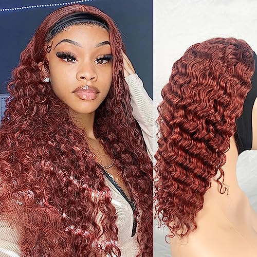 Image of XSY Headband Wig Human Hair Red Reddish Brown 14 Inch Deep Wave Human Hair Wigs for Black Women Curly Headband Wigs Glueless Machine Made Wigs 150% Density