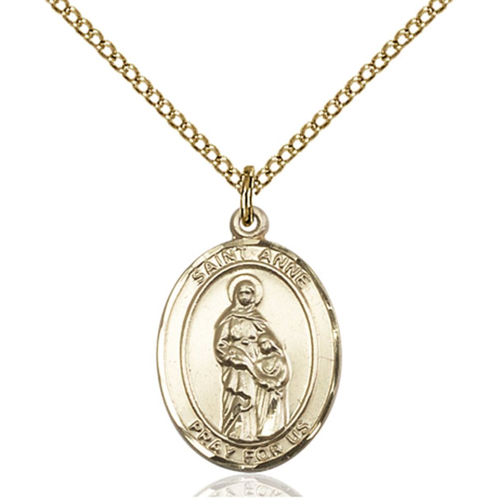 Bonyak Jewelry Saint Medal Collection Custom Engraved Gold Filled St. Anne Pendant 3/4 x 1/2 inches with Gold-Filled Lite Curb Chain
