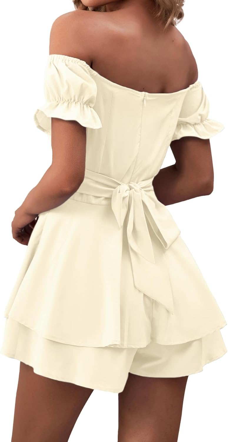 LYANER Women's Off Shoulder Wrap Tie Up Back Ruffle Short Sleeve Romper Short Jumpsuit - Image 5