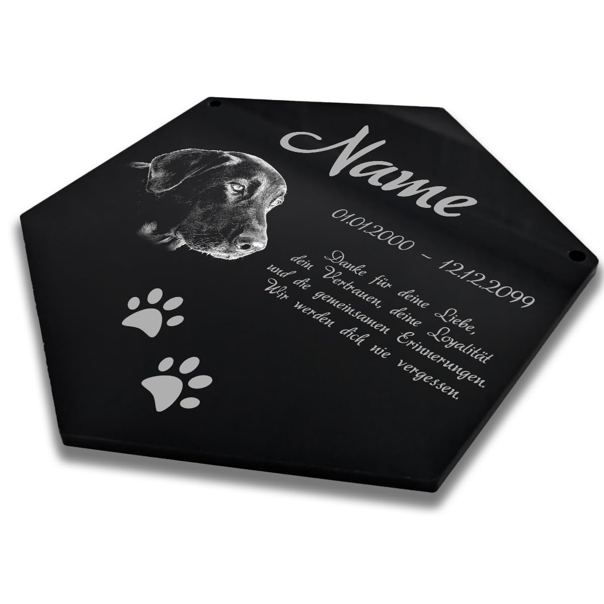 Personalisierter Sechseck Grabstein mit Foto Gravur - Acrylglas Schwarz Hochglanz 350 x 400 mm - wetterfest und wasserfest für Draußen und Innen, für Hund, Katze und alle Haustiere