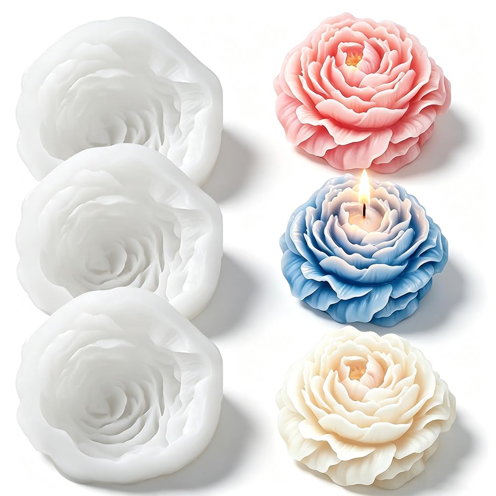 Set of 3 Peony Flower Silicone molds for Candle Making, Resin, Clay and Plaster Crafts, 2.68 inch, Delicate Petal Design, Wedding Valentines Day Decoration