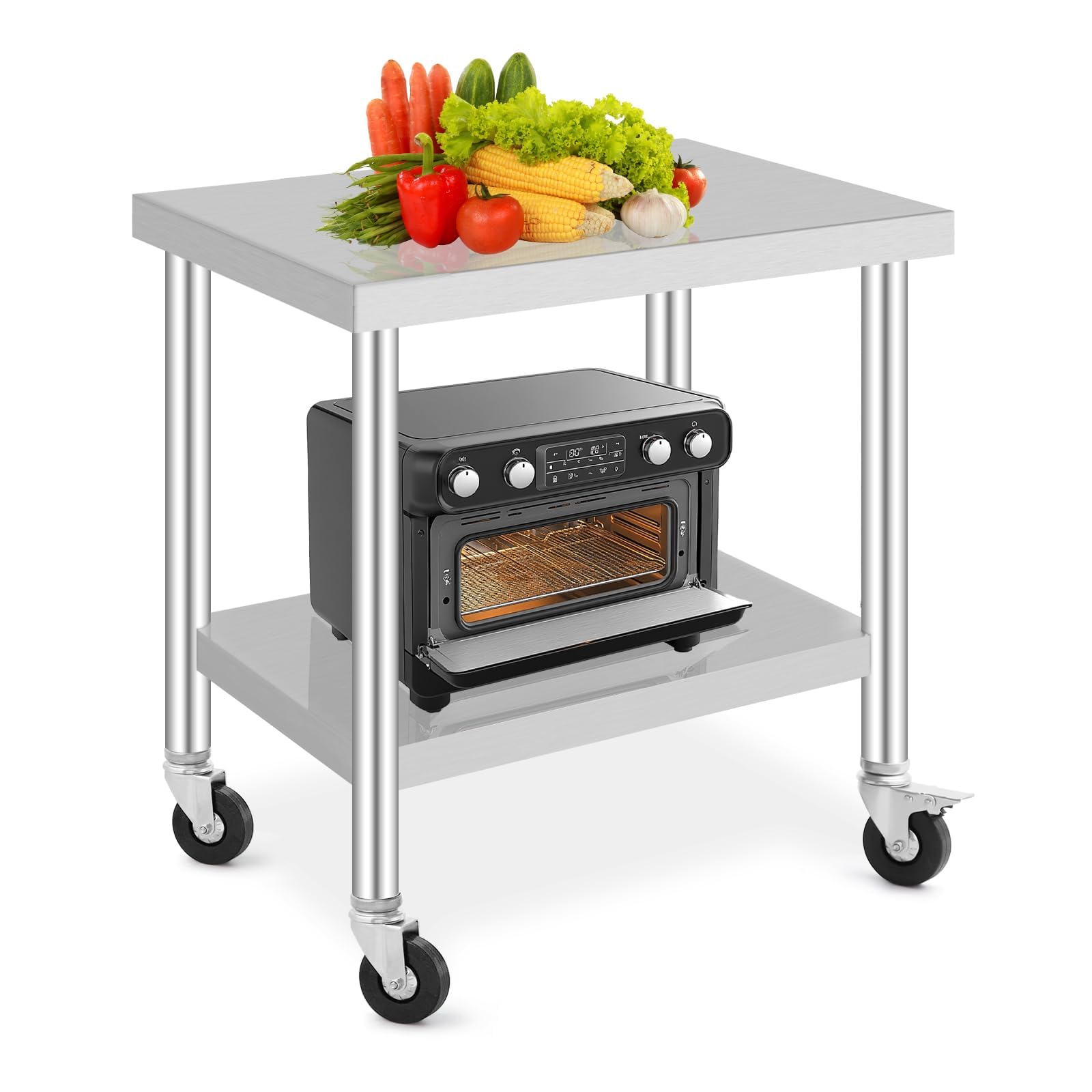 Mesa de Trabajo Acero Inoxidable 36 × 24 inch con Ruedas, Mesa Industrial Doble Estante sin Protector Trasero, Mesa Cocina Profesional