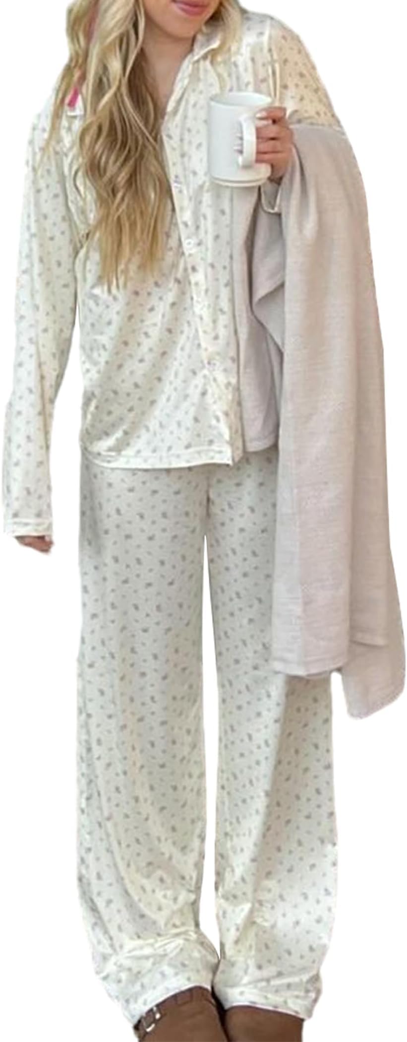 Women 2 Piece Floral Pajama Set Button Down Long Sleeve Wide Leg Fruit Set Cute Pjs Y2K Loungewear Sleepwear S-XL