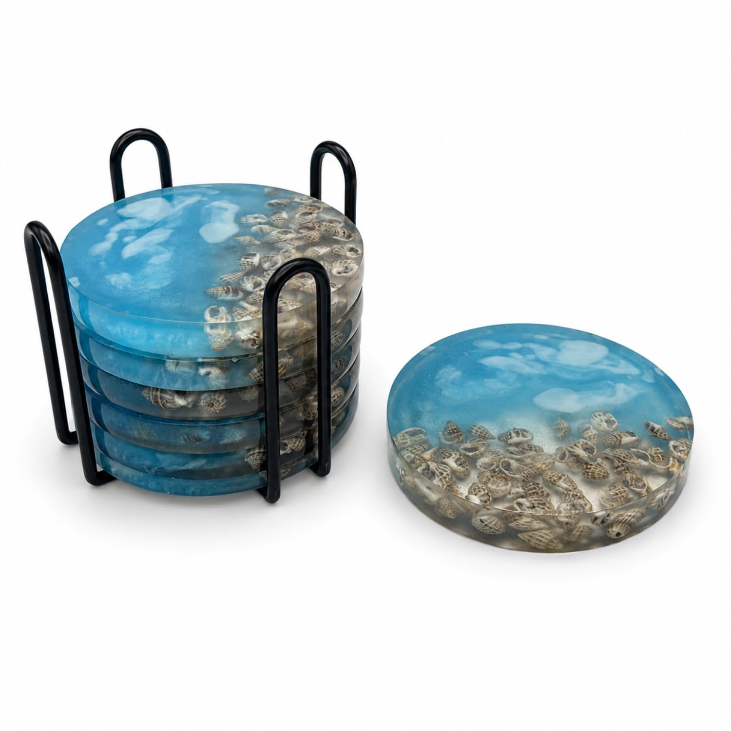 Divit Wooden Rocking Chair Coasters for Drinks, Eco-Friendly, Absorbent, Antique Look Handcrafted Coasters (Aqua Blue Seashell)