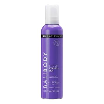 BALI BODY Deep Violet 1 Hour Express Self Tanner سريع المفعول وخفيف الوزن للحصول على لون برونزي طبيعي بدون نقل، موس تسمير سريع مرطب لبشرة ناعمة ومشرقة