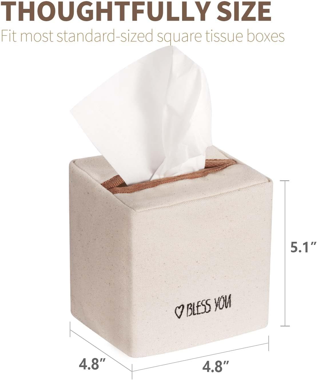 Livelab Tissue Box Cover Square, Chic Canvas Tissue Box Holder with Embroidery Text Decor, Stylish Tissue Case Facial Paper Cube Cover for Your Home, Officce and Bathroom | Ivory