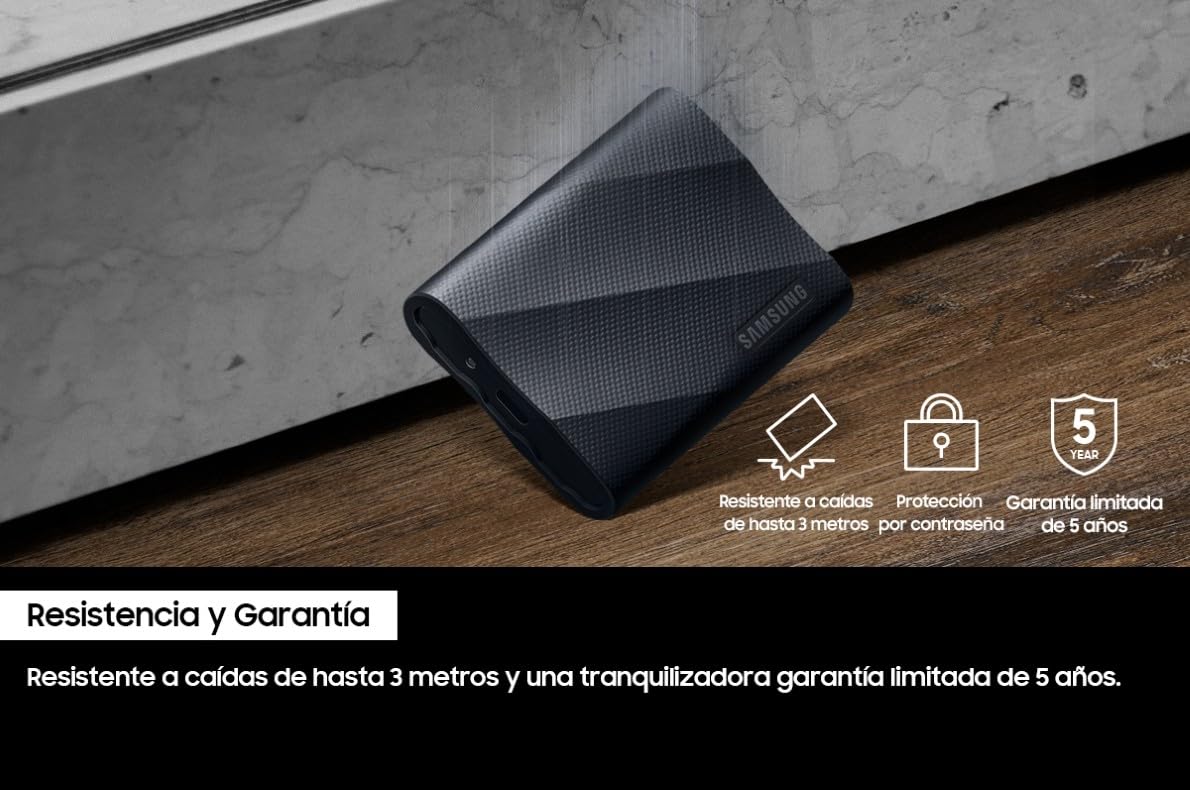 Samsung Portable SSD T9, 1 TB, Disco Duro Externo, Lectura y escritura 2.000 MB/s, USB 3.2 Gen.2x2, Para Profesionales y Creativos, Compatible con PC, Mac, Android y Cámaras 12K, Negro (MU-PG1T0B/EU)