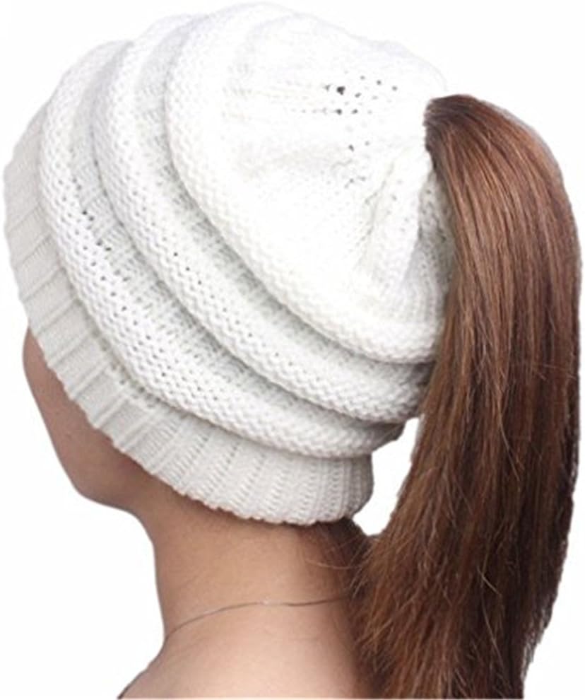 Wholesale Women's Beanie Tail Hats Ponytail Beanie Hats Soft Stretch Cable Knit Messy High Bun Knit Beanies Warm Winter Chunky Skull Cap for Sports Outdoor White