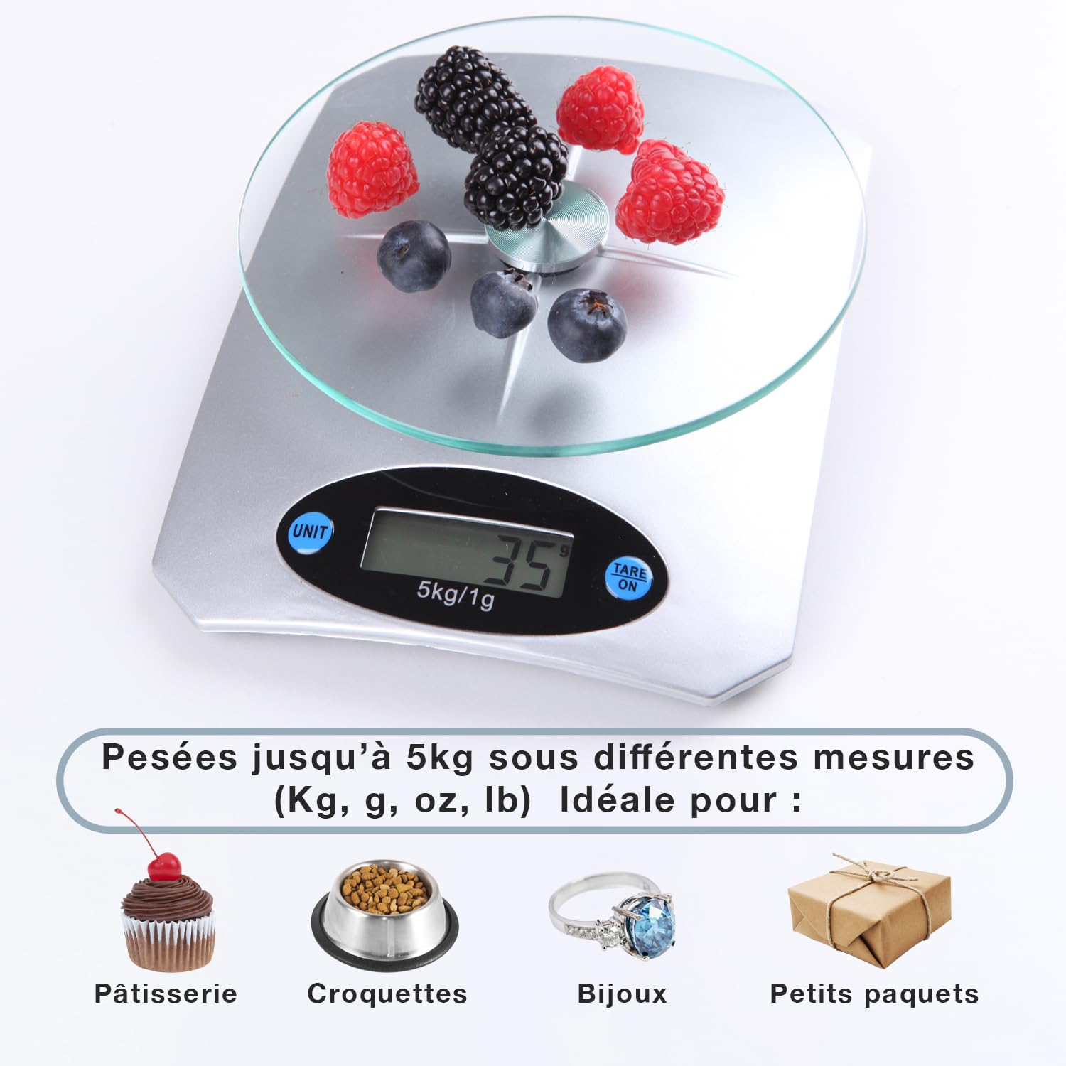 Báscula de cocina y repostería, ligera con pantalla LCD, pantalla digital, fácil de limpiar, peso máximo 5 kg, color gris
