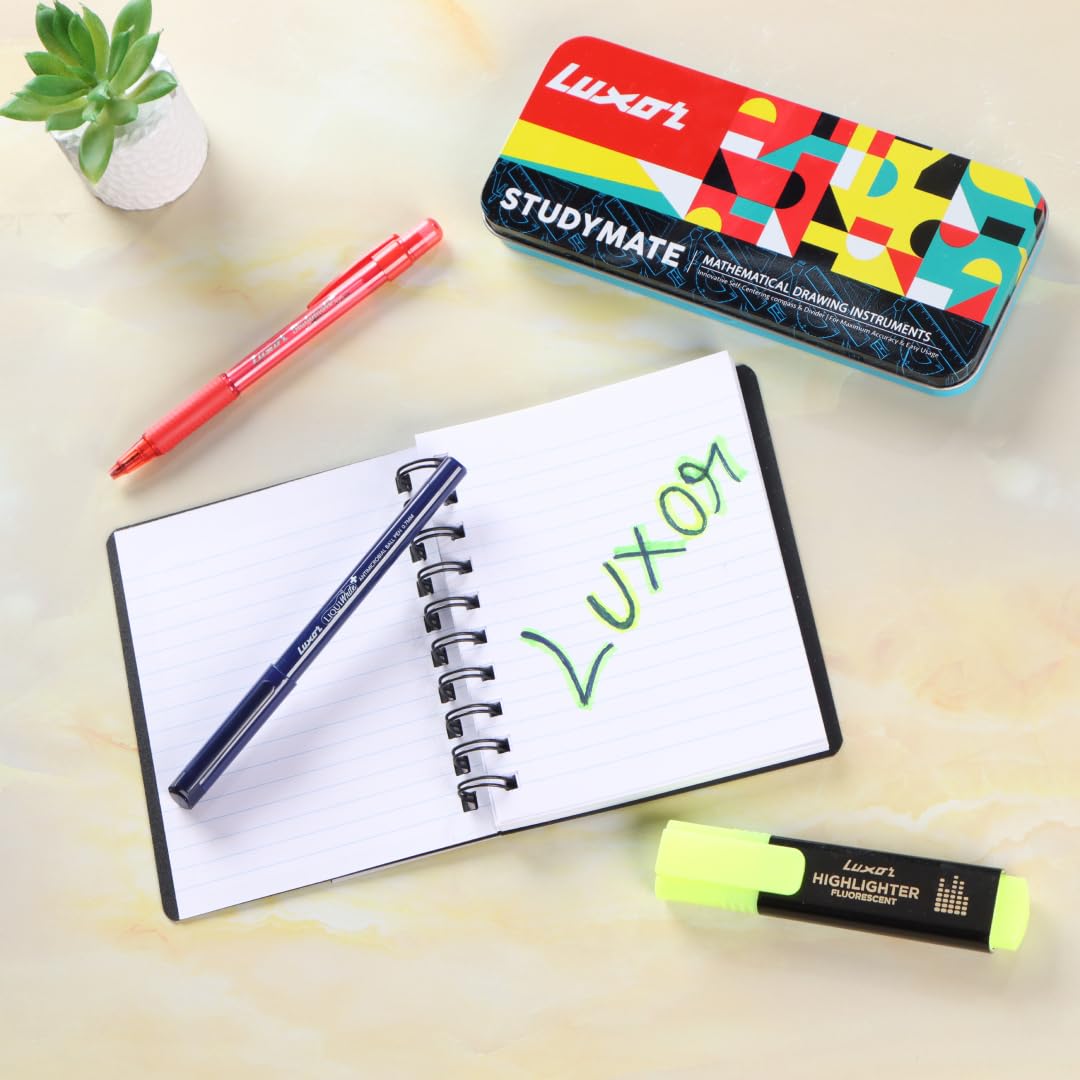 Luxor Schulanfangsset – eine langlebige Geometriebox, glatte Kugelschreiber, Druckbleistift, stabiles Premium-Notizbuch, lebendige super fluoreszierende Textmarker – ein komplettes Set für Schüler