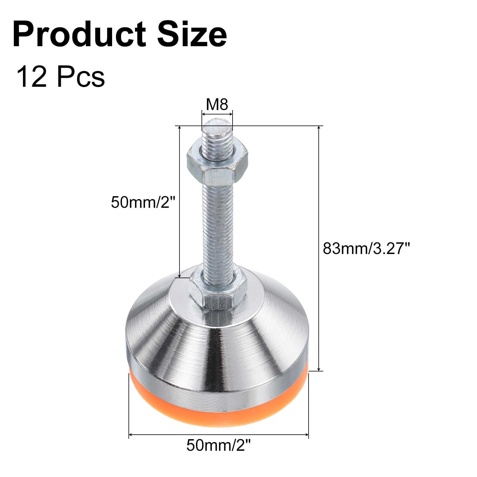 Paquete de 12 patas niveladoras ajustables resistentes antideslizantes que absorben los golpes, patas niveladoras de muebles para banco de trabajo, armario, M8 x 50 mm, rosca de 50 mm de diámetro