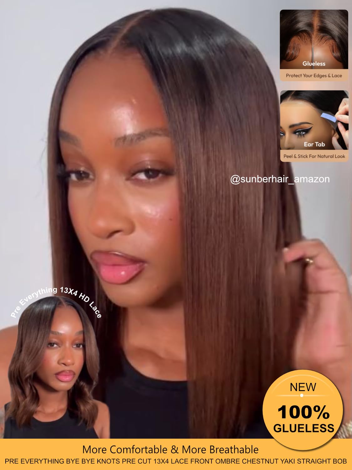 Sunber Ombre Chestnut Brown Light Yaki Straight Bob Human Hair Wigs Pre Everything Pre Cut 13x4 HD Lace Front Glueless Bob Wig Put On and Go Brown Yaki Bob Wig Pre Bleached Invisible Knots 12Inch