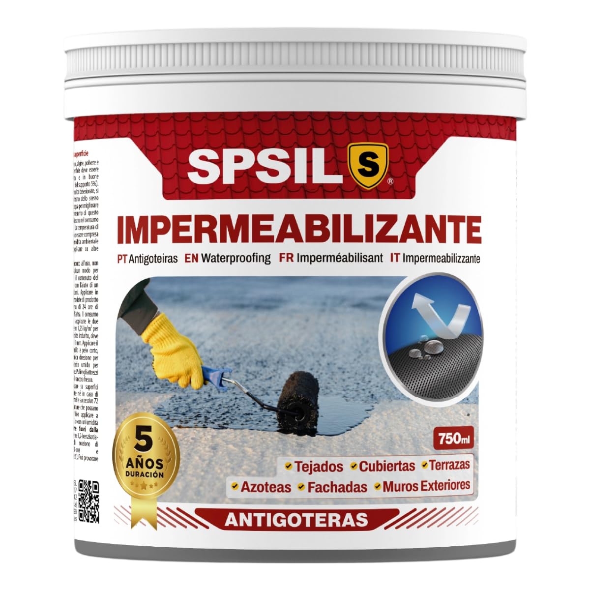 SPSIL Pintura Impermeabilizante Blanca 750 ml-Sellador Antihumedad y Antifiltraciones para Tejados, Terrazas, Cubiertas y Fachadas – Secado Rápido 1-2 h-Protección Exterior Duradera hasta 5 Años