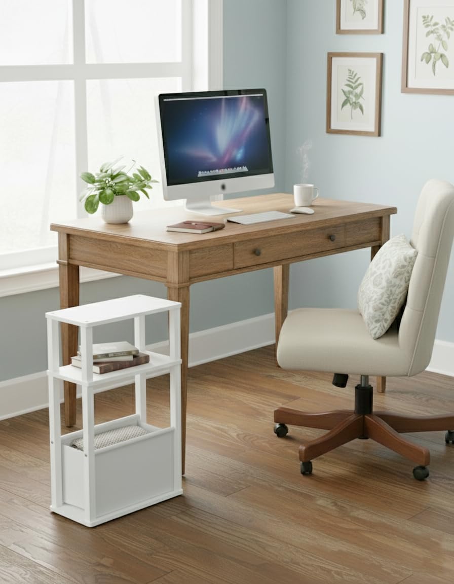 Beistelltisch Schmal mit Stauraum, Schmale Beistelltisch mit Beutel, 3-stufiger schmale Nachttisch, Kleiner Couchtisch für kleine Räume,Schlafzimmer,Wohnzimmer,Büro(Weiß)