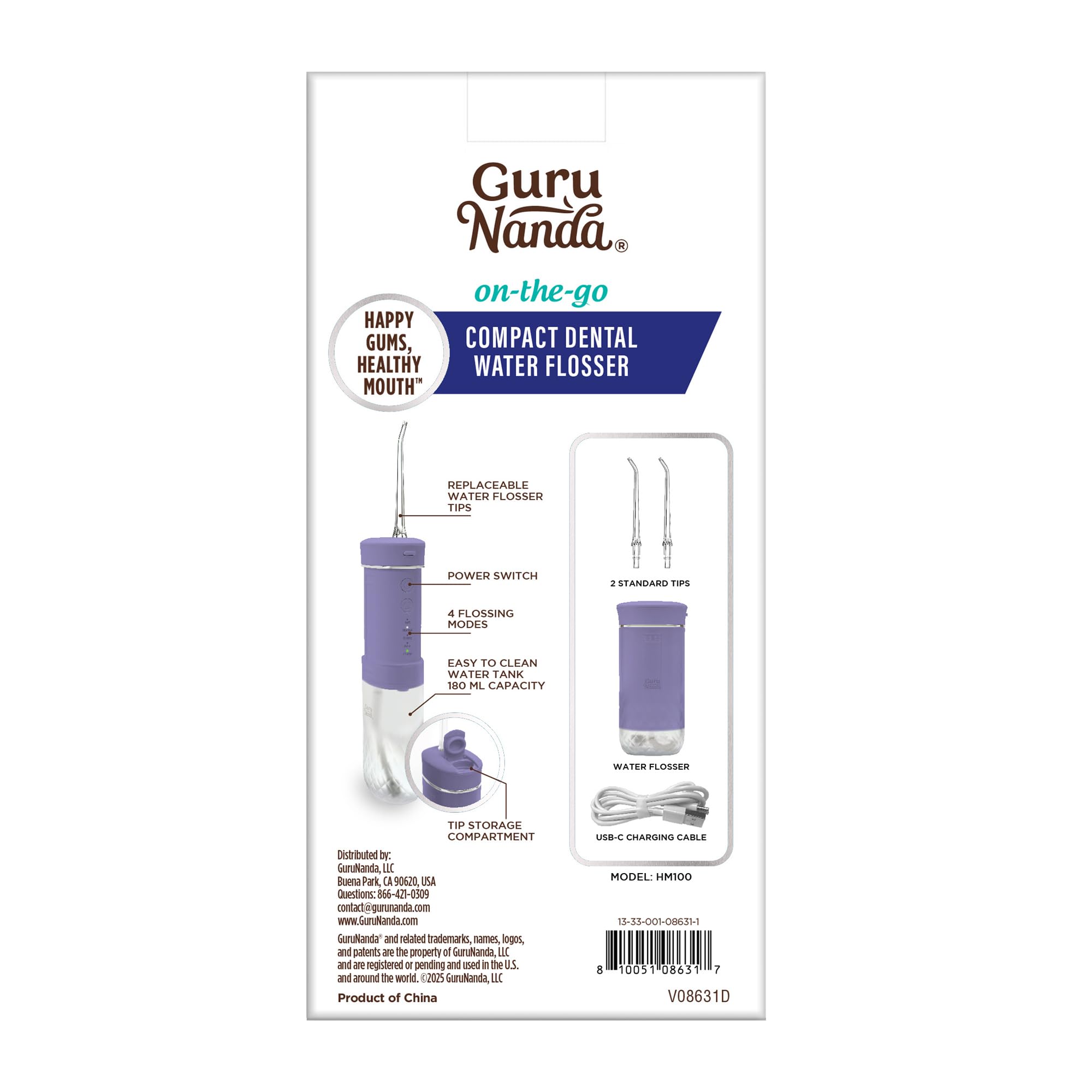 GuruNanda Irrigador bucal dental compacto, tamaño de viaje, con temporizador inteligente y 2 puntas de hilo dental, tanque de 180 ml, lavanda