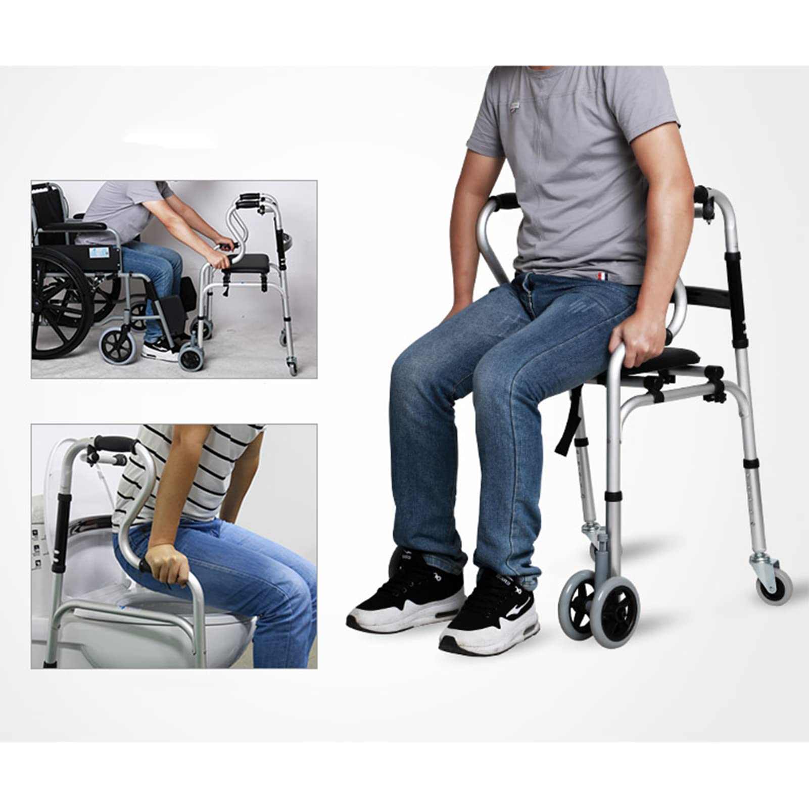 HMTE Andador Plegable para Ancianos Ruedas y Asientos con Frenos Andador de Pie Multiusos Asistido Aleación de Aluminio Ligero y Plegable Equilibrio y Estabilidad