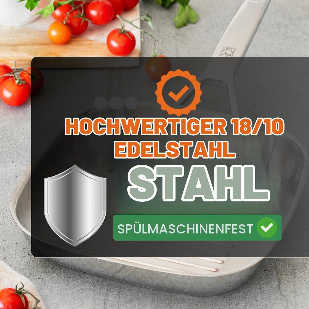 BRA Signature | Grillpfanne mit Rillen 28 cm, Edelstahl | Ohne Antihaftbeschichtung, ergonomischer Griff, alle Herdarten geeignet